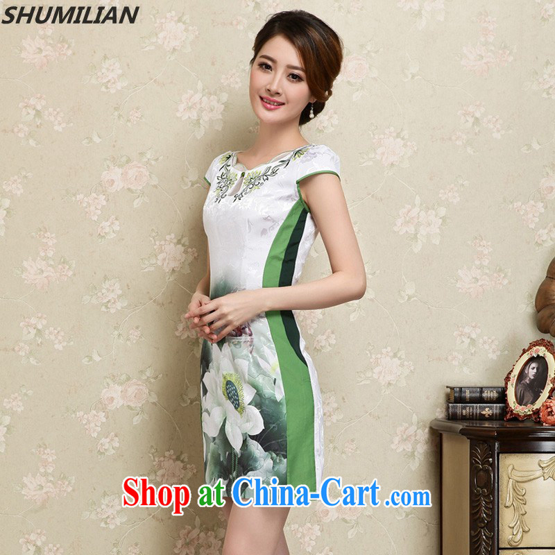 Mrs M, summer 2015 new stylish petal collar stamp cheongsam graphics style green XXL, Mrs M land (SHUMILIAN), shopping on the Internet