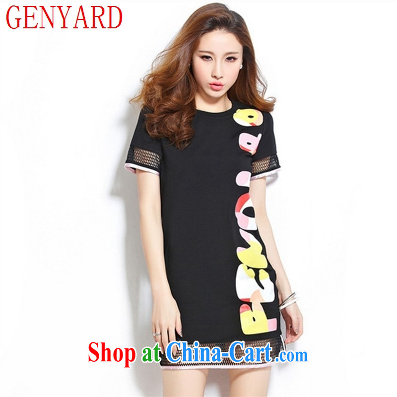 Qin Qing store the European site 2015 summer letter stamp Openwork grid has been cultivating the dresses girls black XXL