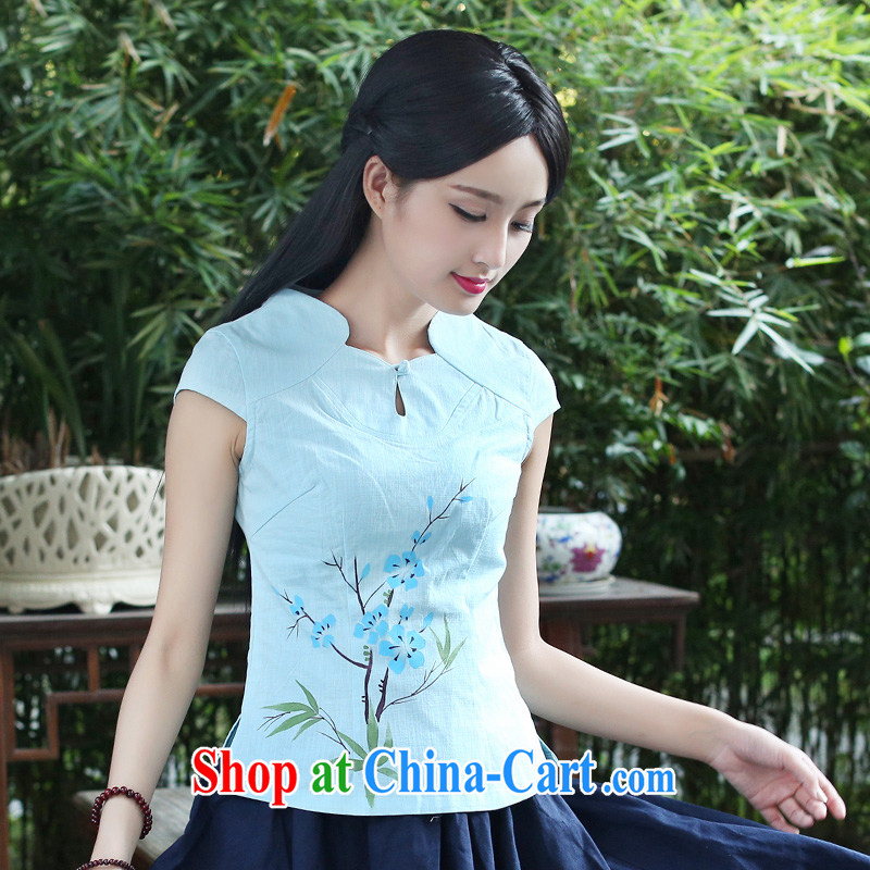 China classic summer hand-painted cotton mA short-sleeved T-shirt cheongsam Chinese ladies summer retro Chinese improved literary light green XXL, China Classic (HUAZUJINGDIAN), online shopping