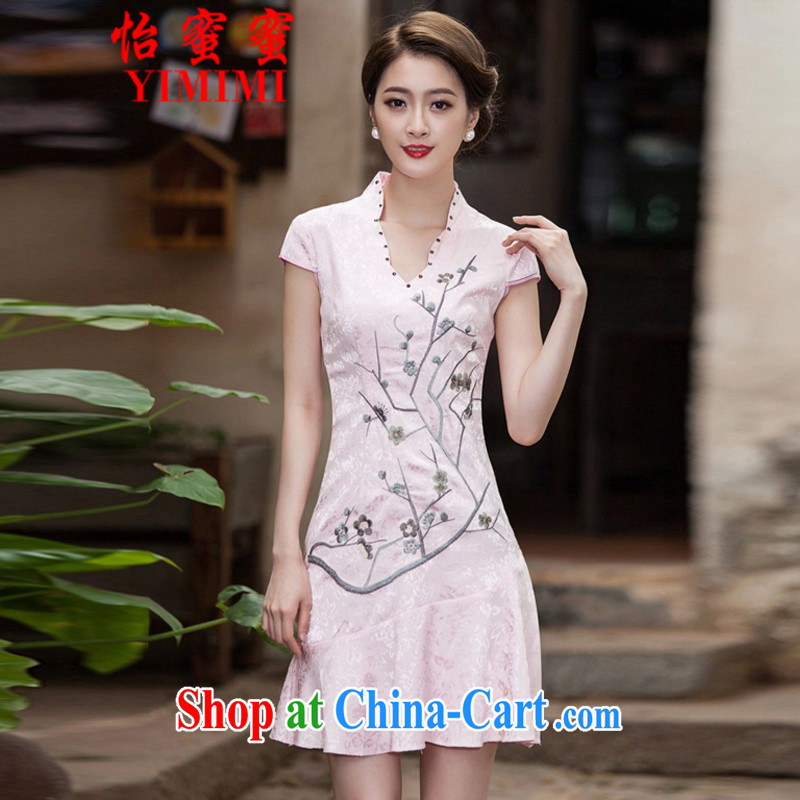 Chow honey honey 2015 new spring and summer short-sleeved V collar embroidered Phillips nails Pearl crowsfoot skirt with embroidery short cheongsam B - 518 - 1123 pink XL