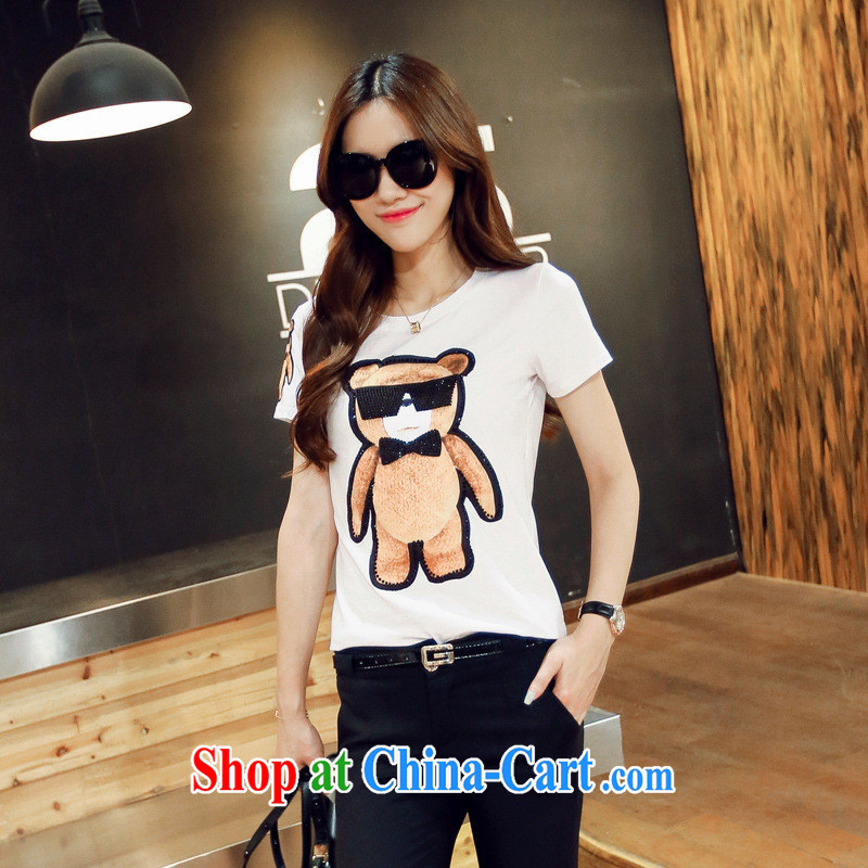 Korean summer round-neck collar short-sleeved small bear parquet drill female T shirt S 917 white, code, and the United States according to Day together (meitianyihuan), online shopping