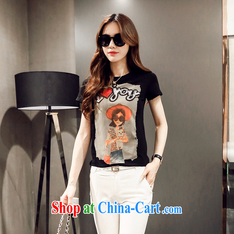 Korean female new round-collar short-sleeve cartoon summer female T pension S 890 black L, American day to assemble (meitianyihuan), and, on-line shopping
