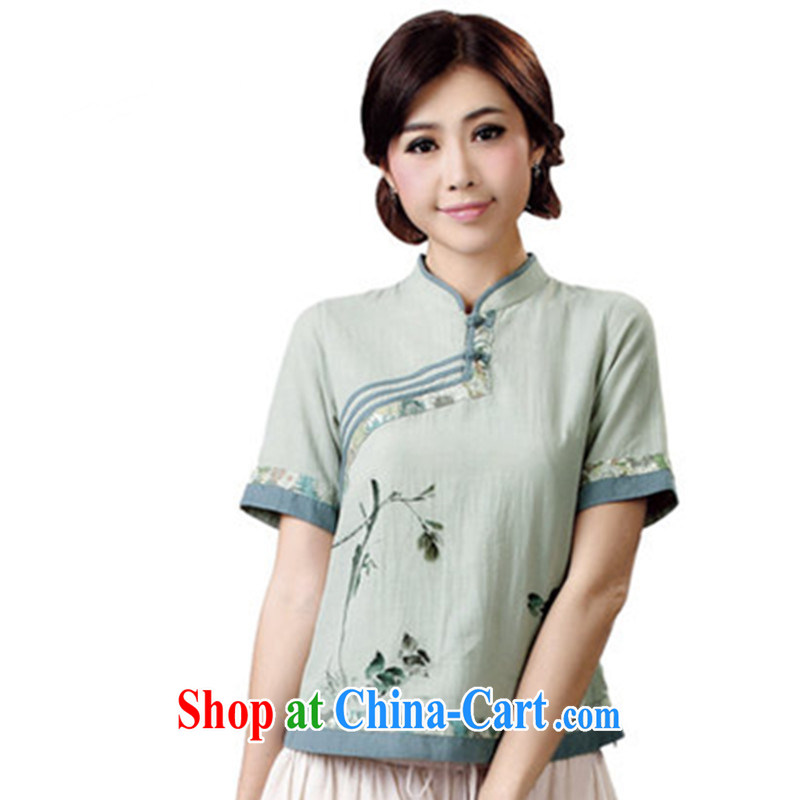 Cotton Ma Tang women improved Han-wind Korea girl summer short-sleeve China wind female retro improved cheongsam shirt gray-green XXXL
