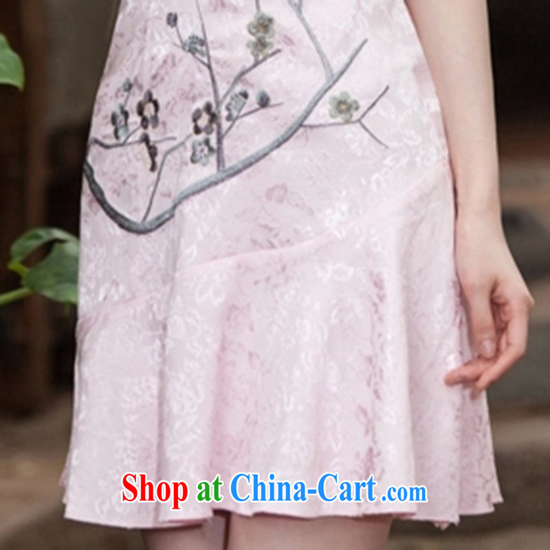 The acajou (summer 2015 new short-sleeved V collar embroidered Phillips nails Pearl crowsfoot skirt with embroidery short cheongsam women 1123 red XL, core, and, on-line shopping