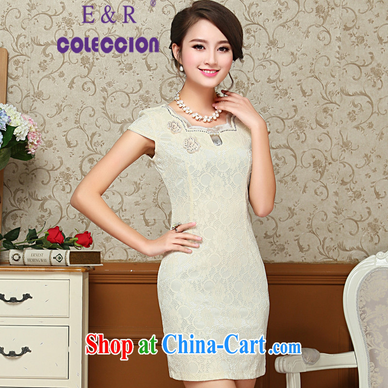 2015 spring and summer new, lace petal collar cheongsam dress stylish short, cultivating graphics thin dresses pale yellow XXL