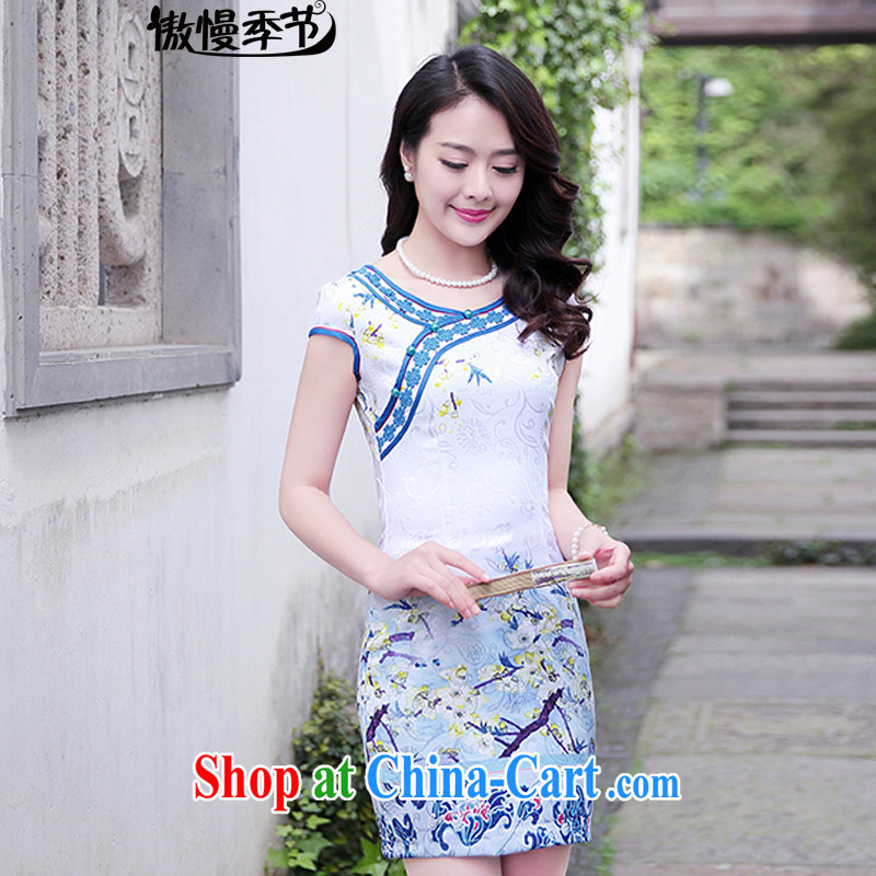 2015 new summer daily improved cheongsam short-sleeved, long cheongsam dress female blue plum L