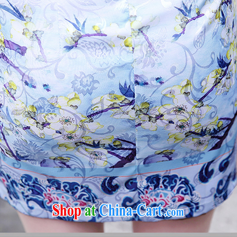 2015 new summer daily improved cheongsam short-sleeved, long cheongsam dress female blue plum L, Domino-hee, shopping on the Internet