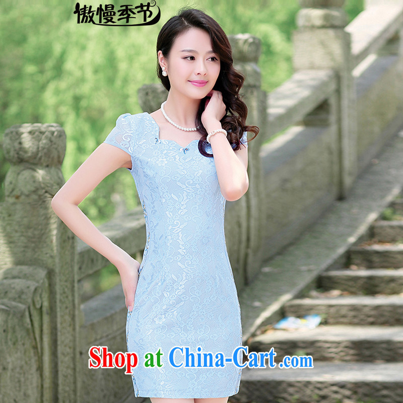Summer 2015 new stylish stamp improved daily style package and graphics thin larger dresses cheongsam dress female blue XL