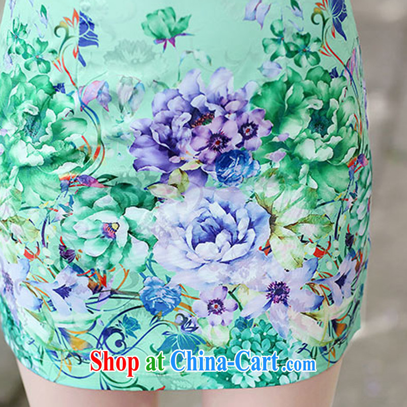 2015 spring and summer new short-sleeve cheongsam dress retro beauty graphics thin dresses, long embroidered embroidery cheongsam blue Peony L, Domino-hee, shopping on the Internet