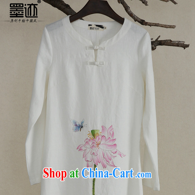 Marks the cotton dress improved Chinese Ethnic Wind Chinese Han-long, hand-painted art Zen tea linen gown white XXL