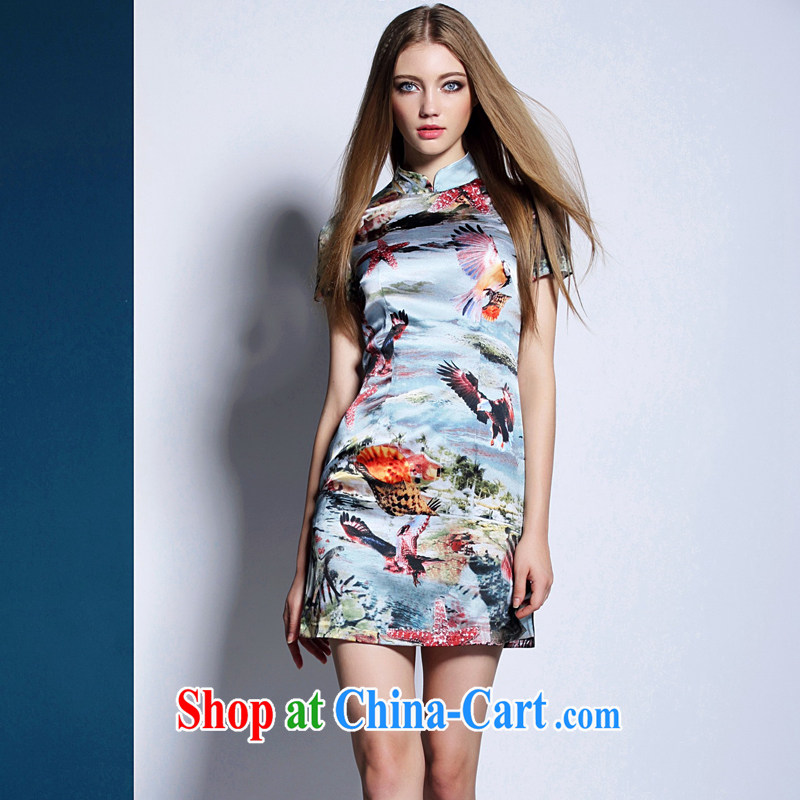 The race to the 2015 summer the code retro China wind cheongsam 3D dyeing shells bird pattern beauty graphics thin dresses picture color XL, the race to Cisco, shopping on the Internet