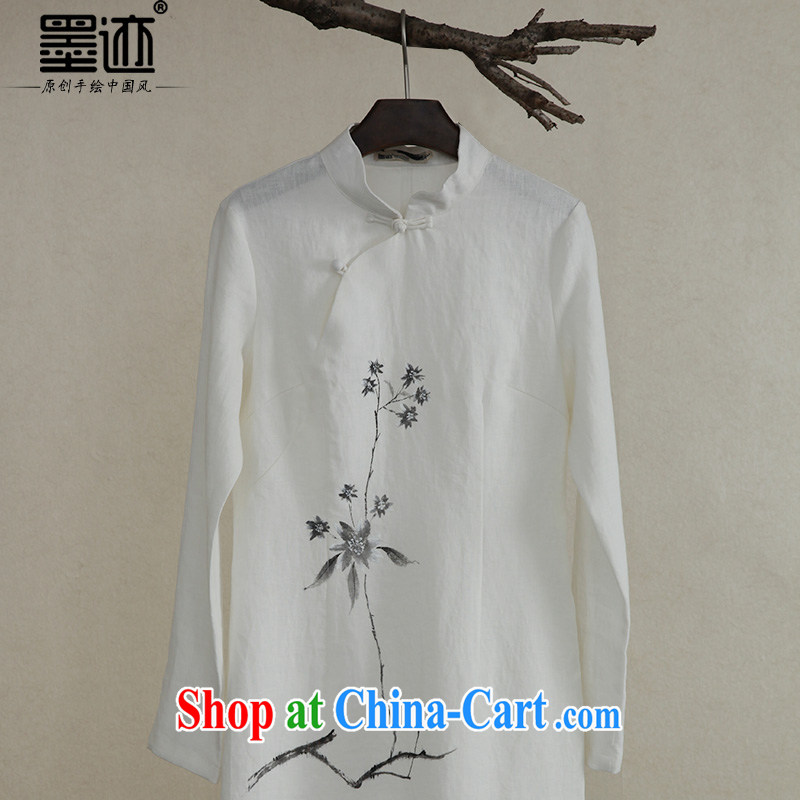 Ink cotton Ma spring~ experience Chinese Tang women dresses long retreat, tea art linen long dress white XXL
