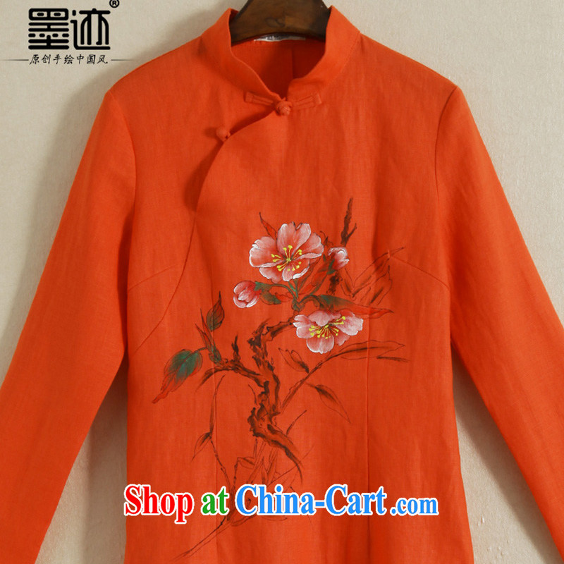 Ink spring Chinese Antique daily Han-gown arts ethnic wind hand-painted cotton the Chinese T-shirt girls orange XXL