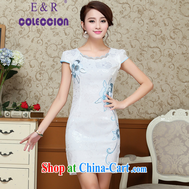 2015 summer new dresses beautiful petals collar embroidery damask cheongsam Chinese wind round-collar cheongsam blue XL, E &R COLECCION, shopping on the Internet
