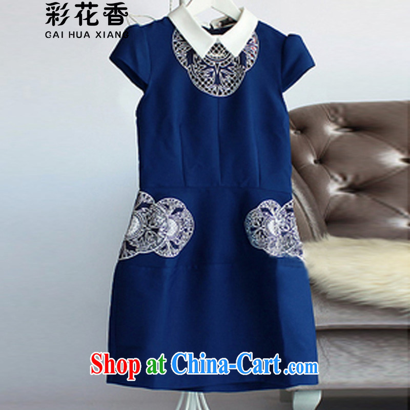 Colorful Flowers 2015 - Autumn and the new European high-end atmosphere retro elegant lapel improved cheongsam female double-yi skirt 9052 blue XL