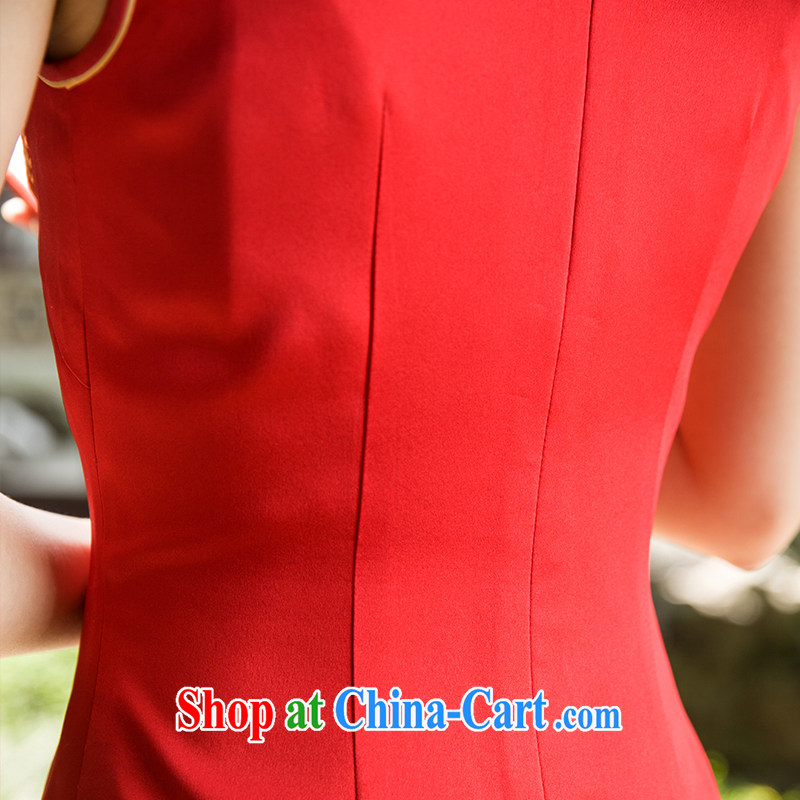 Old Wu female Red 2015 summer new cheongsam Bong-through Peony short red M, old Wu female Red, shopping on the Internet