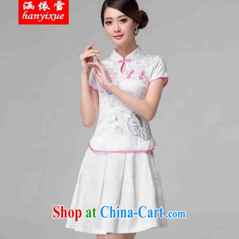 covered by snow in 2015 spring and summer female new beauty routine retro long-sleeved improved cheongsam stylish two-piece with white XL