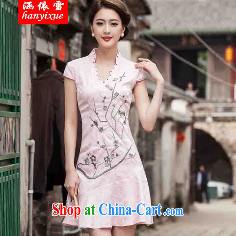 covered by snow in 2015 spring and summer new short-sleeved V collar embroidered Phillips nails Pearl crowsfoot skirt with embroidery short cheongsam red XL