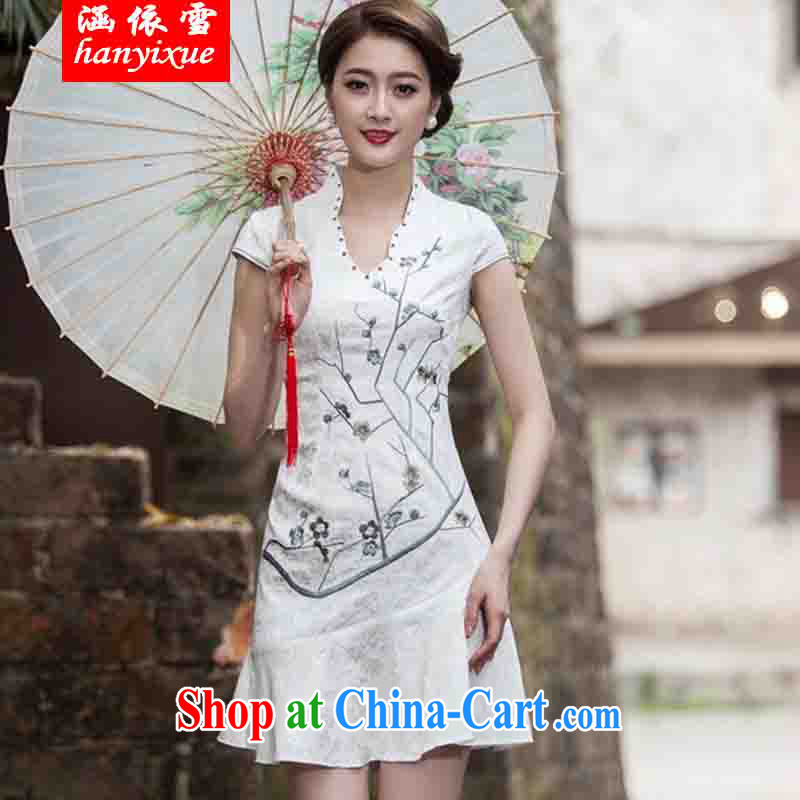 covered by snow in 2015 spring and summer new short-sleeved V collar embroidered Phillips nails Pearl crowsfoot skirt with embroidery short cheongsam red XL, covered in snow, shopping on the Internet