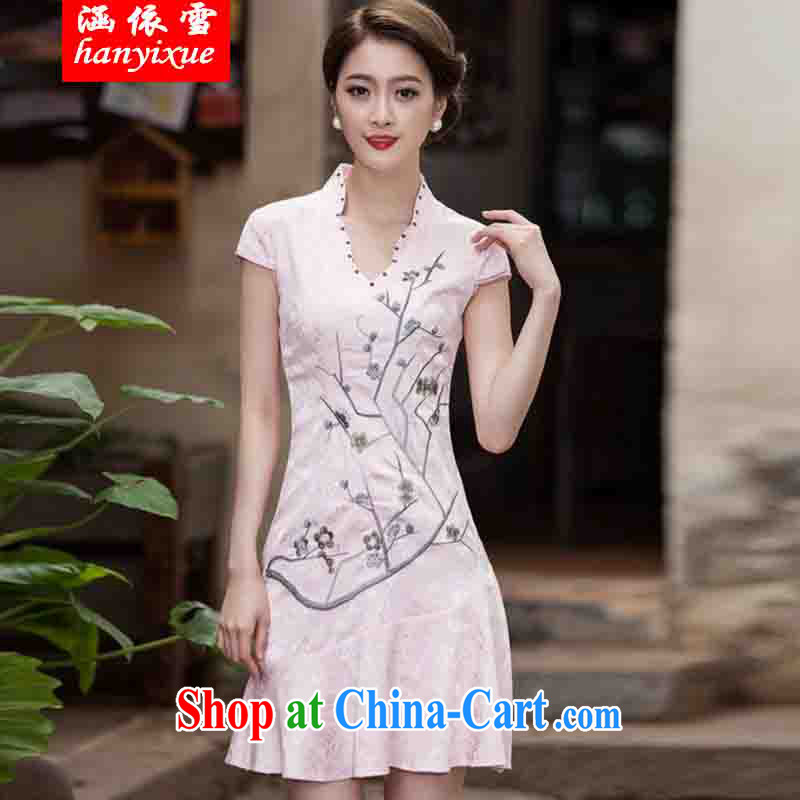 covered by snow in 2015 spring and summer new short-sleeved V collar embroidered Phillips nails Pearl crowsfoot skirt with embroidery short cheongsam red XL, covered in snow, shopping on the Internet