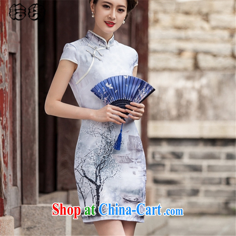 Pick up the 2015 summer classic landscape paintings short-sleeve cheongsam dress retro fashion China wind without the forklift truck flap sporting temperament, short cheongsam Chinese painting XXL