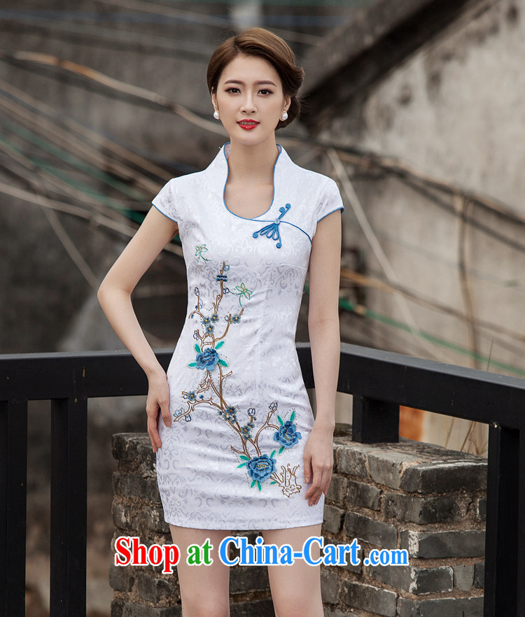 ILELIN 2015 summer stylish Cultivating Female retro daily Chinese improved cheongsam dress high-end embroidery style short, non-truck outfit skirt blue XL pictures, price, brand platters! Elections are good character, the national distribution, so why buy now enjoy more preferential! Health