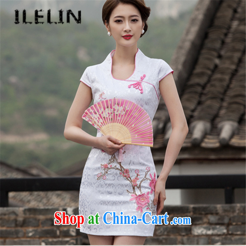 ILELIN 2015 summer stylish Cultivating Female retro-day Chinese improved cheongsam dress high-end embroidery style short, no power on the truck cheongsam dress blue XL, ILELIN, shopping on the Internet