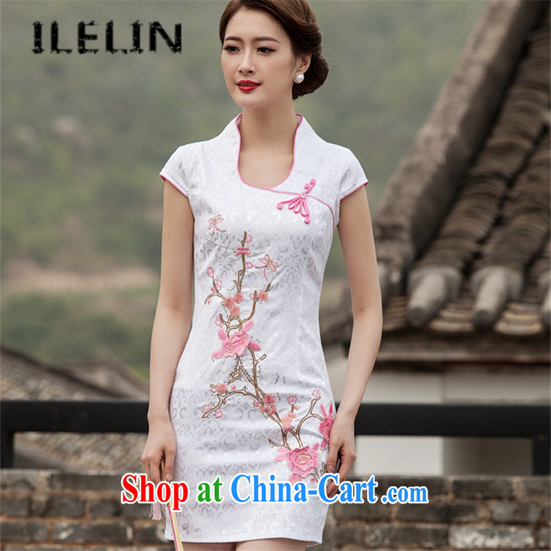 ILELIN 2015 summer stylish Cultivating Female retro-day Chinese improved cheongsam dress high-end embroidery style short, no power on the truck cheongsam dress blue XL, ILELIN, shopping on the Internet