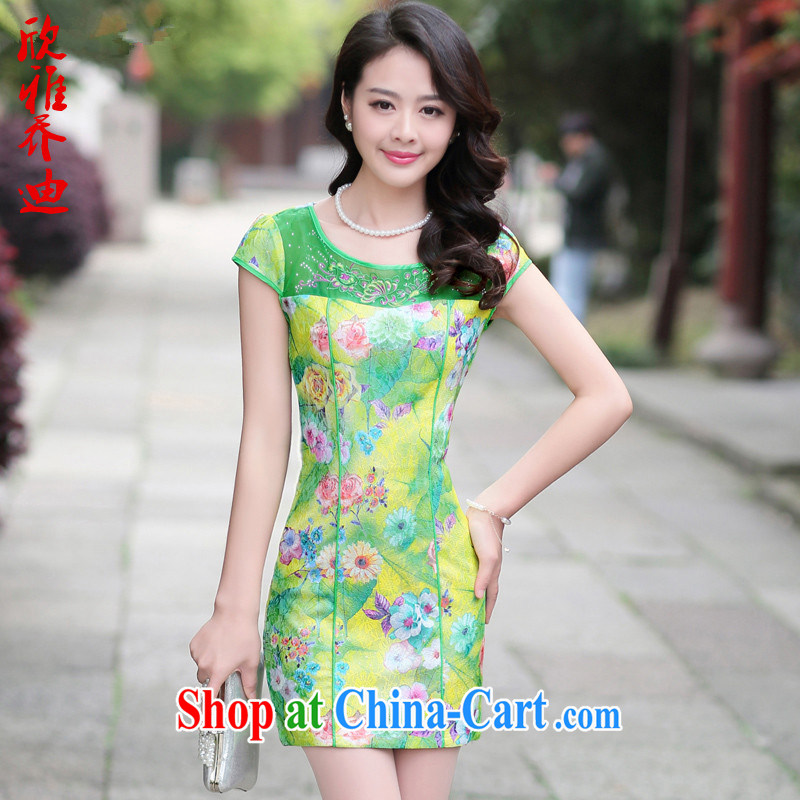 Yan Nga Jody lace dresses retro stamp 2015 summer new Korean style round-collar graphics thin embroidery package and short skirt green bottom rose 2 XL, Yan, Jody (XINYAJODI), and, on-line shopping