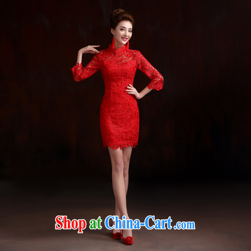 Pure bamboo love yarn classic bridal bridal short cheongsam dress water-soluble lace short, high quality dresses bride's toast, long-sleeved qipao gown red tailored to please contact customer service, pure bamboo love yarn, shopping on the Internet