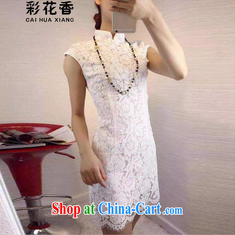 Colorful Flowers summer 2015 New Name yuan style robes for retro-tie lace beauty graphics thin dresses women 3918 white powder color L