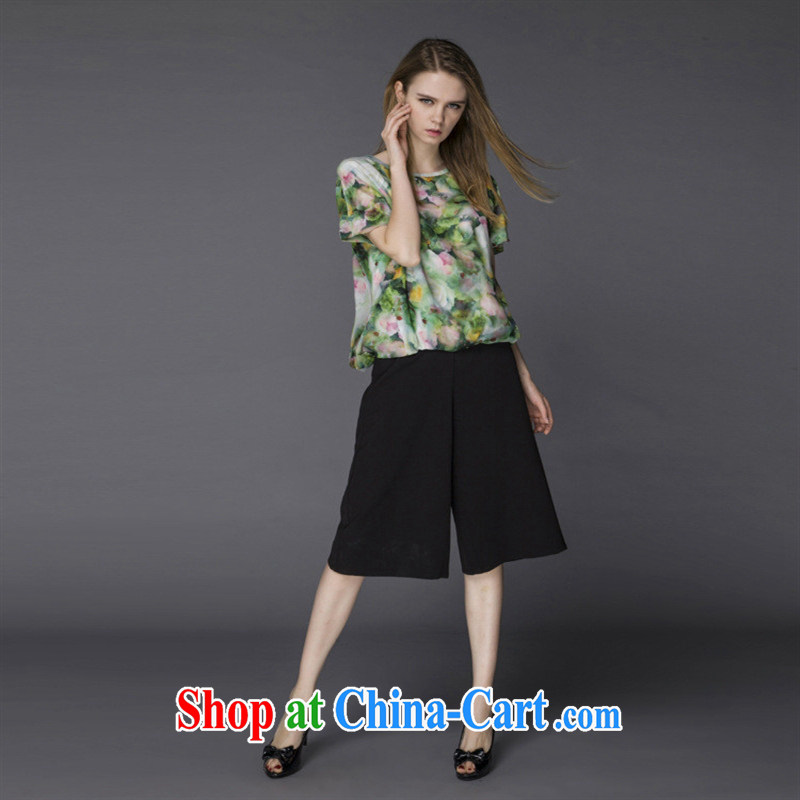 Ya-ting store summer girl T-shirts 2015 new European site high-end quality temperament lady green toner stamp silk shirt green XL, blue rain bow, and shopping on the Internet