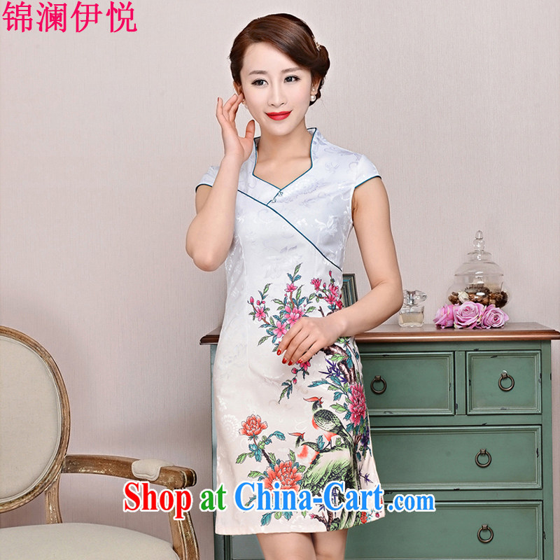 kam world the Hyatt 2015 new summer Korean female short-sleeve cultivating improved short cheongsam style cotton the stamp dresses mom with middle-aged White Peacock peony flowers XXL, Kam-world, Yue, and shopping on the Internet