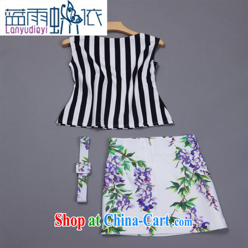 Ya-ting store retro model show name-yuan style stamp long-sleeved T-shirt + package and crowsfoot half skirt two piece stylish european spring picture color L, blue rain bow, and, shopping on the Internet