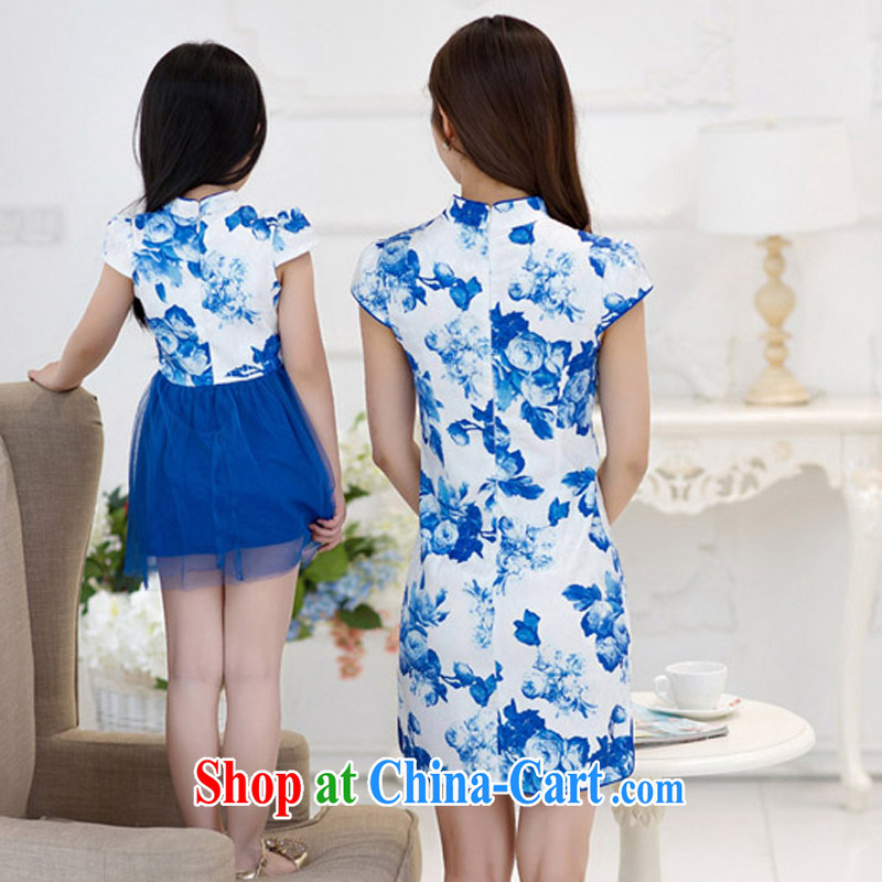 The beautiful valley 2015 summer new short-sleeve on the truck blue and white porcelain antique cheongsam dress parent-child with mother and daughter summer blue 7, Ms. Tung (Miss . Dong), online shopping