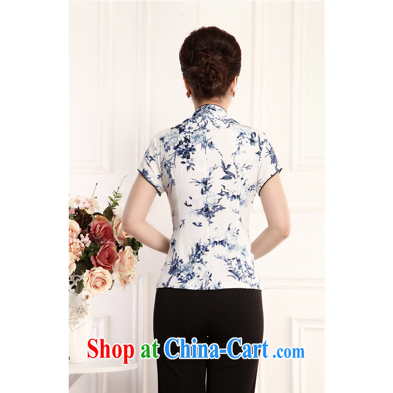 Putin's 2015 clone larger female summer Chinese female T-shirt retro stamp duty, short, short-sleeved LB - WCY - 2068 white blue XXXXL