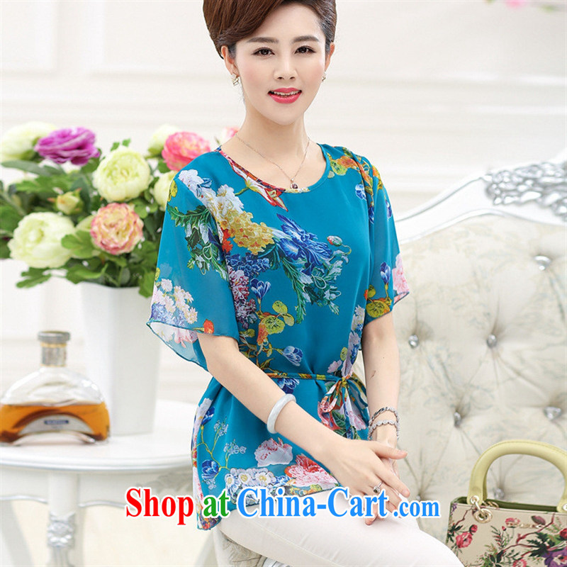 Ya-ting SHOP NEW summer, short-sleeved mom with silk shirts T-shirts and indeed increase code sauna silk stamp middle-aged T-shirt Peacock Blue 4 XL, blue rain bow, and shopping on the Internet