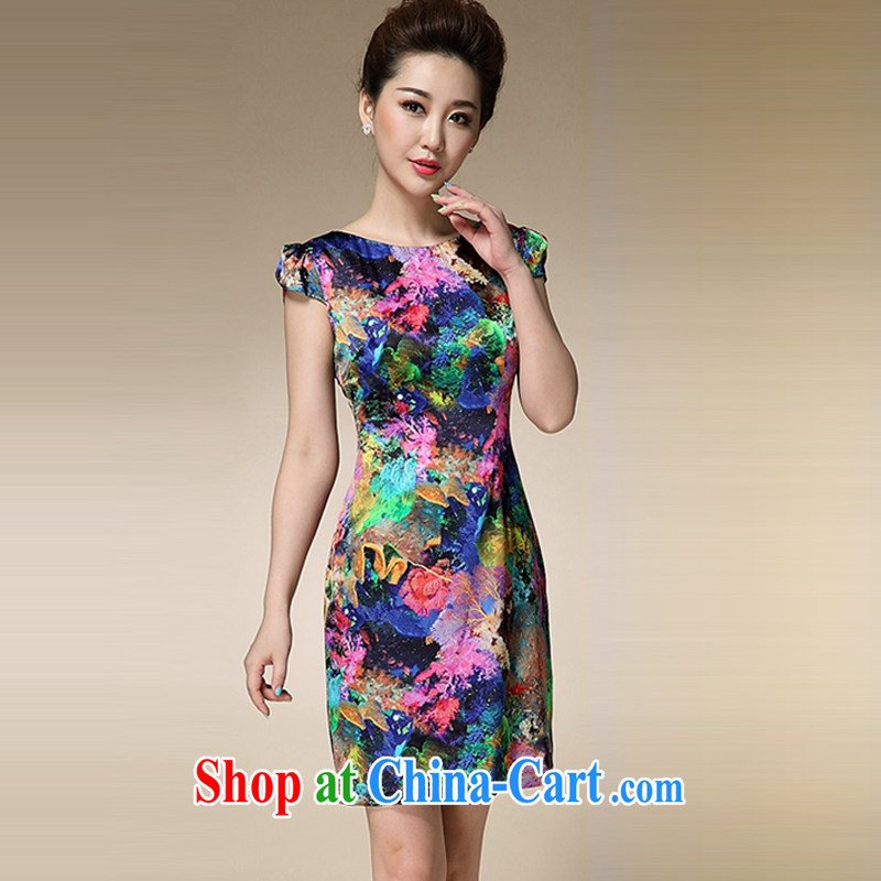 Advisory Cayman 2015 summer new stamp duty round-collar short-sleeve mom with silk dresses beauty charm antique dresses blue stamp Advisory Committee (SHANGMAN), online shopping
