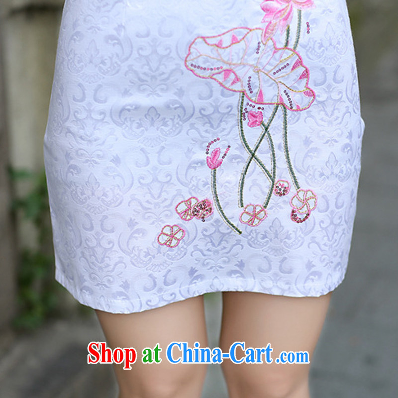 Poet, summer 2015 new cheongsam Chinese wind Lotus embroidered dresses ethnic wind improved V collar cheongsam beauty graphics thin and elegant ladies pink L, poet (YASHIREN), online shopping