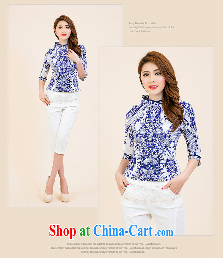 The Tang dynasty 2015 New National wind daily improved cheongsam 7 installed on the cuff Chinese stamp duty Chinese T-shirt woman Blue and White House silk stamp L pictures, price, brand platters! Elections are good character, the national distribution, so why buy now enjoy more preferential! Health