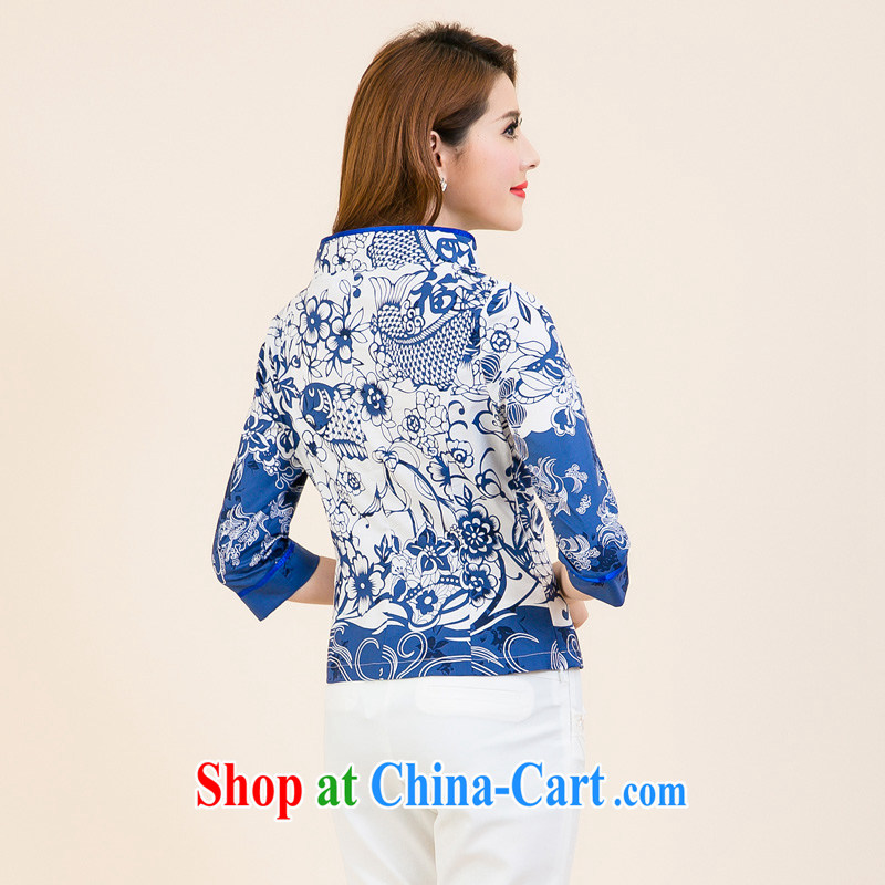 The Tang dynasty 2015 New National wind daily improved cheongsam 7 mounted on the cuff Chinese stamp Chinese T-shirt female Blue and White House silk stamp L, the Tang Dynasty, and shopping on the Internet