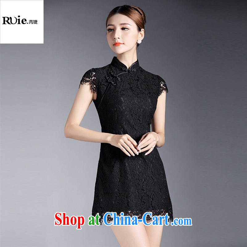 Summer 2015 new girls improved stylish lace short sleeves cheongsam dress factory wholesale QF 140,513 dark green XL
