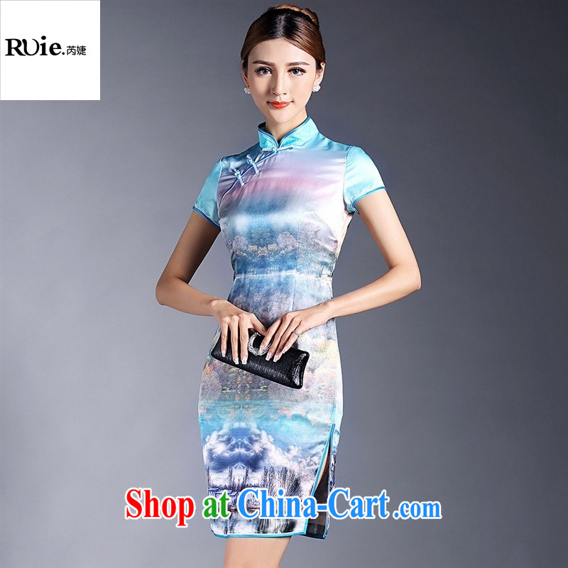 Summer 2015 new girls improved stylish silk stamp short-sleeved short cheongsam dress QF 140,520 picture color XL