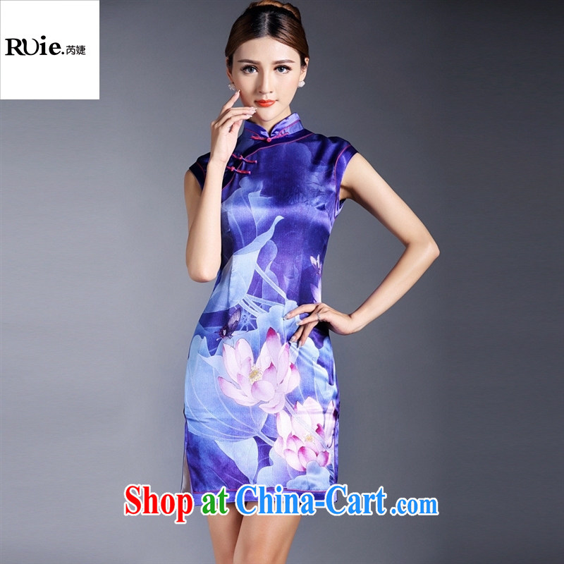 Summer 2015 new girls improved stylish silk stamp sleeveless short cheongsam dress QF 140,516 picture color XL