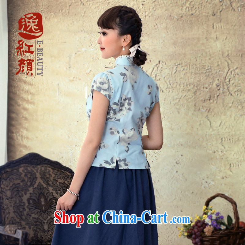 once and for all and fatally jealous picture spring China wind Chinese 2015 Ms. spring and summer National wind lady stamp cheongsam shirt retro blue XL, fatally jealous once and for all, and, on-line shopping