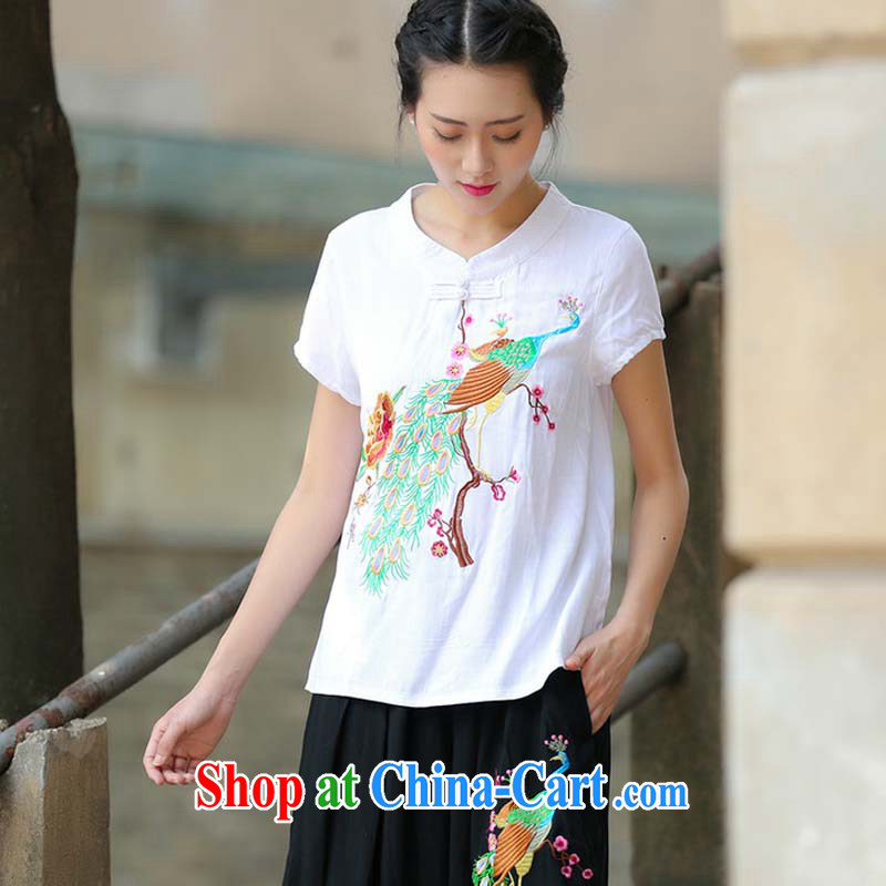 Summer 2015 New National wind ladies embroidery antique style Chinese T-shirt beauty Peacock embroidered short sleeved T-shirt white XXXL