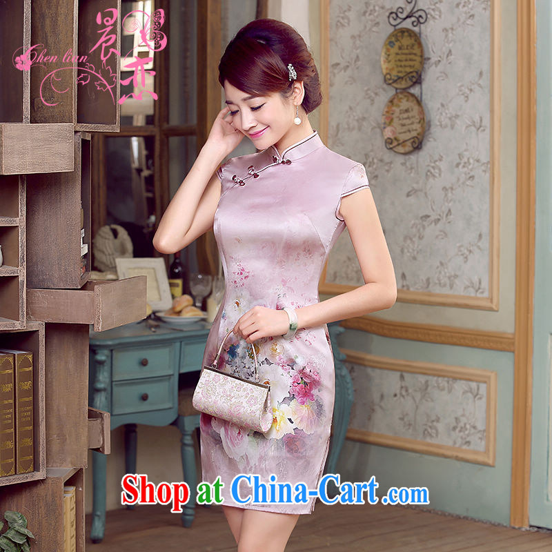 Morning, dresses new 2015 summer retro short-sleeved improved stylish sauna silk heavy Silk Cheongsam dress pink with pink XXL, morning land, shopping on the Internet