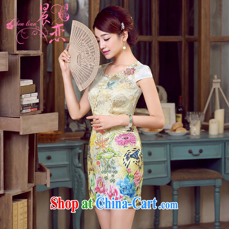 Morning, dresses new 2015 summer retro short-sleeved improved stylish Chinese qipao dress low collar dresses, shadow yellow XXL morning land, shopping on the Internet