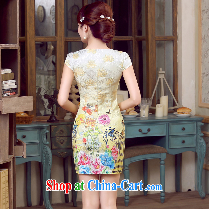Morning, dresses new 2015 summer retro short-sleeved improved stylish Chinese qipao dress low collar dresses, shadow yellow XXL morning land, shopping on the Internet