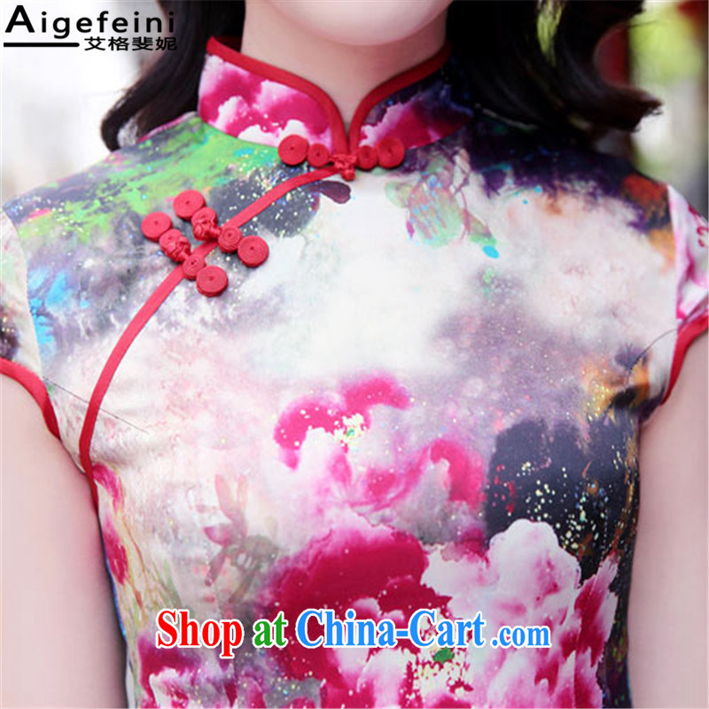 The grid has caused Connie (Aigefeini) 2015 summer New Silk Dresses high antique dresses daily improved cheongsam dress red Peony XXL, AIDS, caused Connie (Aigefeini), online shopping